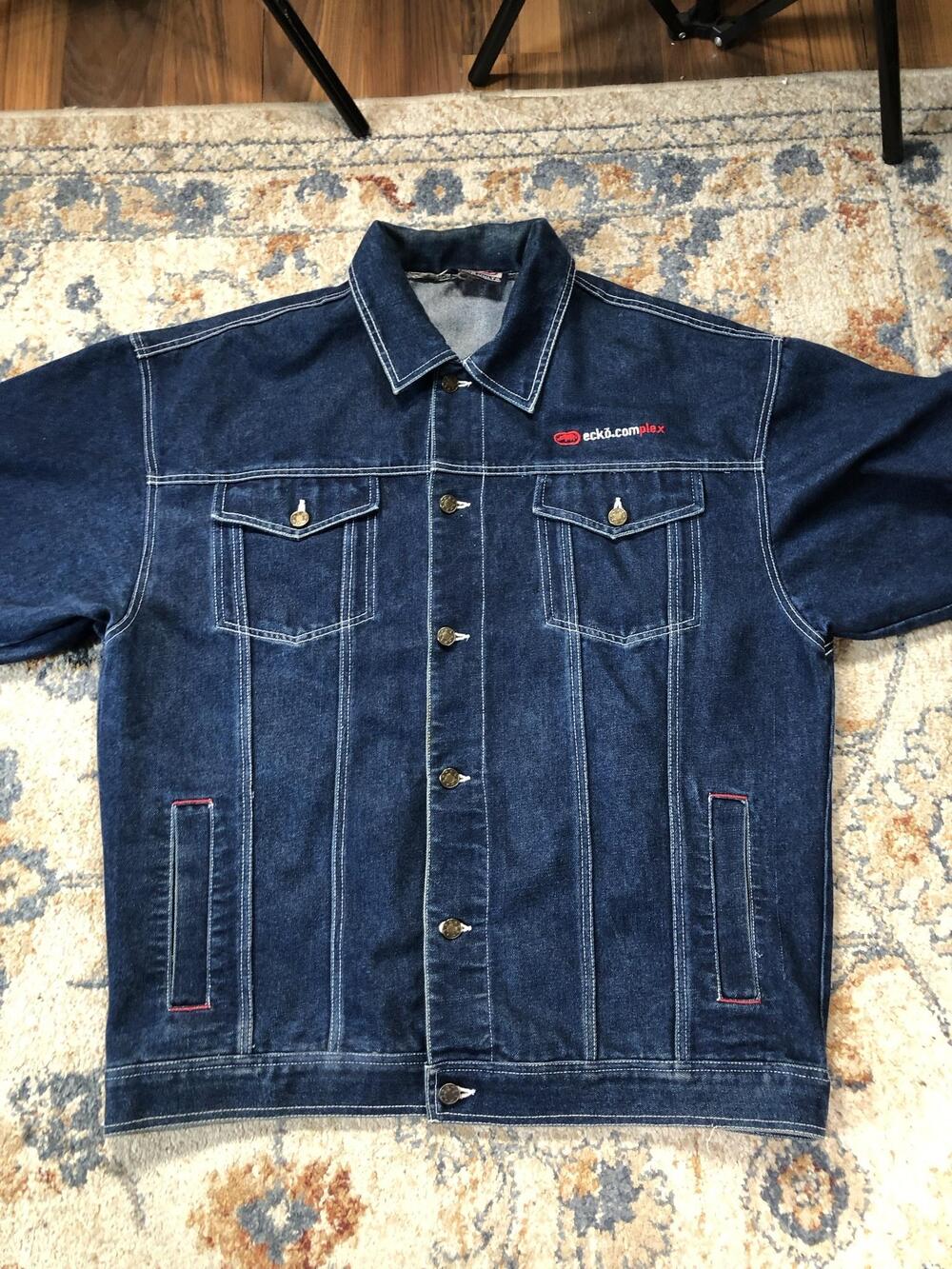 Ecko Unltd Jacket Mens XL Blue Denim Biker Button Front Logo Hip Hop Embroidered
